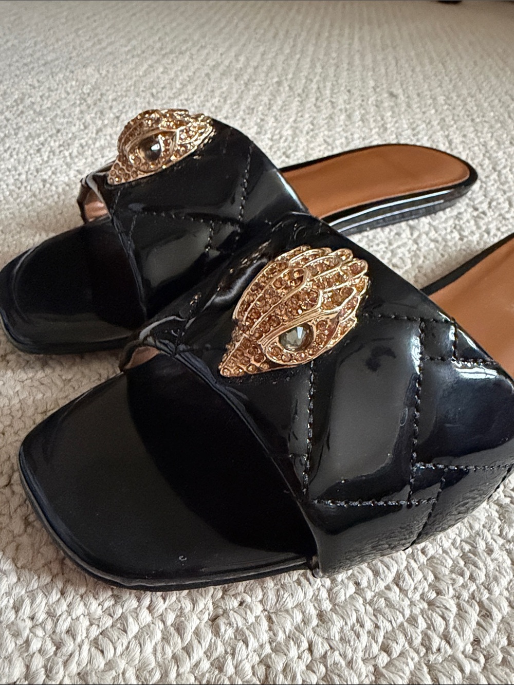 Kurt Geiger Black Patent Quilted Slide Sandals with Gold Medallions - Picture 4 of 5